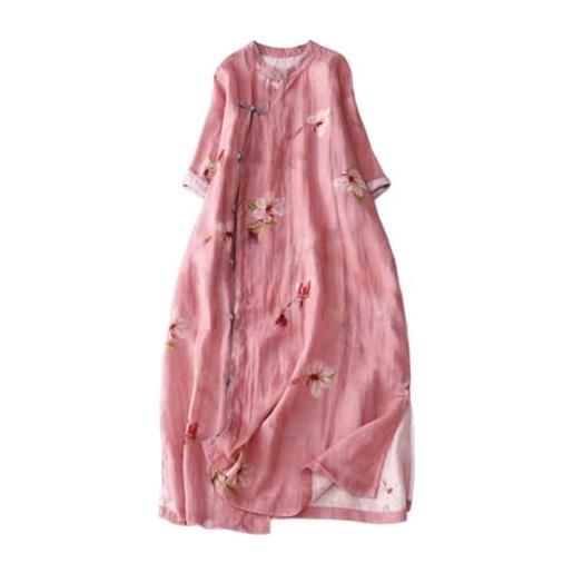 PRINCESS BRIDE abito da cheongsam con maniche a 3/4 con stampa in lino estivo, abito vintage slim fit con spacco laterale a07