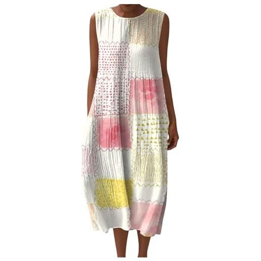 Generico vestito lino donna estivo elegante floreale prendisole girocollo senza maniche con tasche copricostume mare spiaggia taglie forti comode curvy moda bohemien 2026 chic leggero fresco