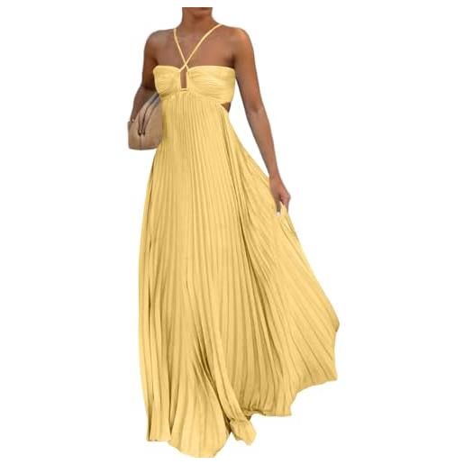 TOFOTL vestito sexy con spalline sottili abito casual spalle scoperte abiti cerimonia donna eleganti senza maniche vestiti estivi plissettato schiena scoperta maxi invernale lungo giallo m