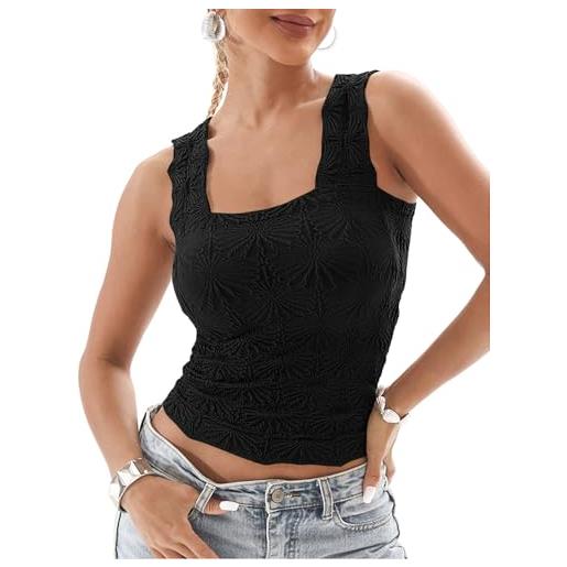 LAOTEPO - canottiera da donna con collo quadrato, spalline larghe, maniche corte, aderente, senza maniche, con bordi a lattuga floreale, nero, s