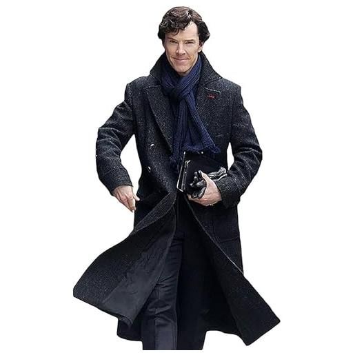 Fancyd trench da uomo sherlock holmes benedict cumberbatch, in lana e cotone, nero, nero - lana - per uomo, 4xl