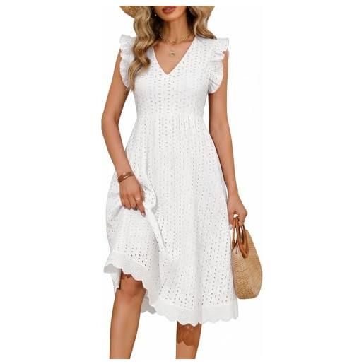 PASUDA vestito donna estivo abito lungo scollo a v casual vestiti senza maniche a volant abiti lunghi cotton comodo floreale vuoto jacquard vestiti da spiaggia con tasche (bianco, m)