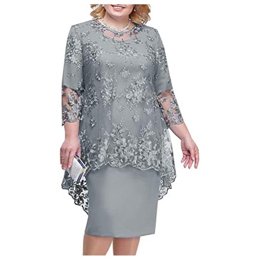 shownicer donna pizzo vestito elegante 3/4 maniche taglie forti vestiti da cerimonia cocktail sera partito abiti al ginocchio a grigio xxl