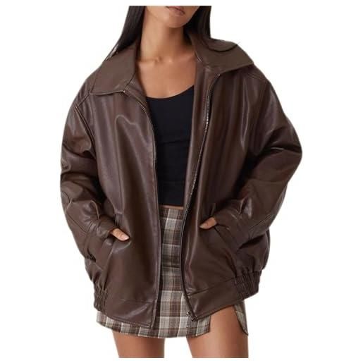 Generisch giacca da donna in similpelle con collo a risvolto, a maniche lunghe, con chiusura lampo, da motociclista, da donna, elegante, in pelle pu, oversize, per l'autunno
