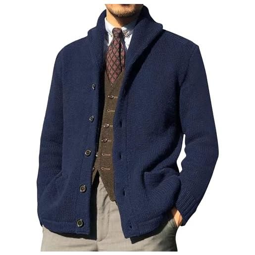 SWJGLITTR cardigan da uomo con colletto a scialle e bottoni, vestibilità aderente, casual, lavorato a maglia, a costine, con tasche, giacche, blu navy, medium