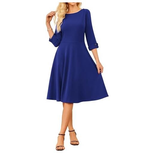 GRACE KARIN abito da donna elegante, midi, da cocktail, con maniche a 3/4, scollo a barchetta, linea a, per l'autunno, da sera, blu reale, s