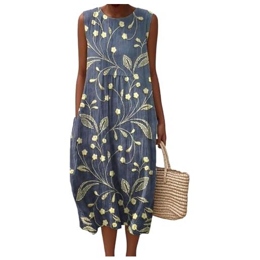 Udbeksid vestiti da donna estivi 2025 in lino cotone casual chic boho taglie forti abito larghi eleganti spiaggia estivo per lungo elegante vacanza vestito girocollo e tasca larghe senza abiti al ginocchio