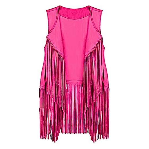 Yurosiay gilet da donna in finta pelle scamosciata con frange stile etnico cardigan frange vintage senza maniche con frange lungo da motociclista con frange colore rosso rosa m