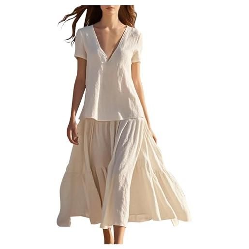 Generico vestito donna elegante estivi abito di lino solido sciolto leggero vestito maniche corte morbidi e traspiranti per il tempo libero vestiti in cotone moda abiti scollo a v casual eleganti per spiaggia