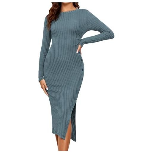 Famulily - abito lungo elegante da donna, in tinta unita, a maniche lunghe, con scollo tondo, in maglia a costine, con spacco laterale, casual, per feste e matrimoni, s-xl, blu, s