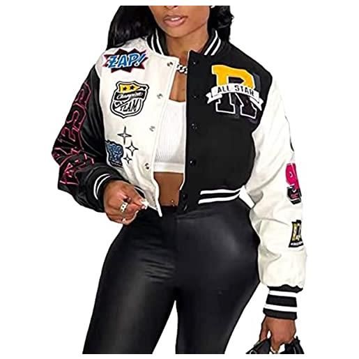 Vagbalena giacca da baseball corta da donna giacca varsity stampa piumino color block berretto da baseball y2k cappotto streetwear giacca leggera felpa (nero, s)