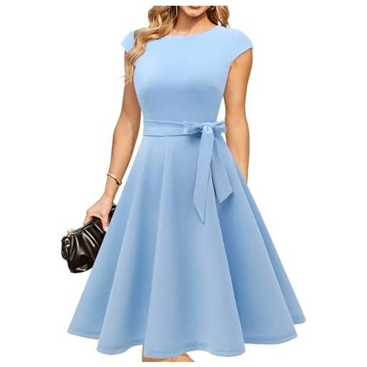 DRESSTELLS donna a-line swing festivo abito da cocktail di nozze al ginocchio scollo rotondo capo manica vestito di natale blu m