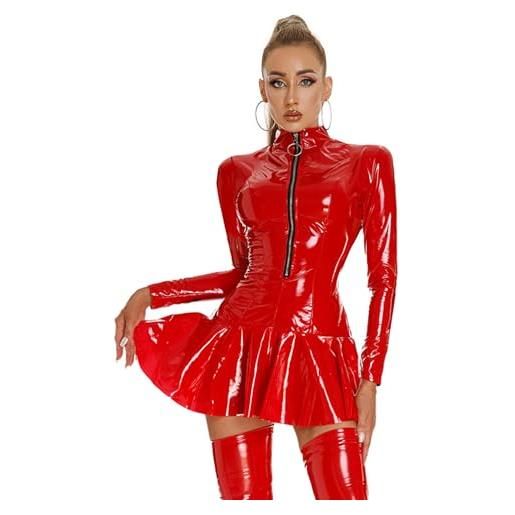 inhzoy vestito donna hot curvy wetlook abito corto da festa carnevale maniche lunghe wetlook vestito da sera cocktail in pelle verniciata bodycon dress clubwear per discoteca rosso l