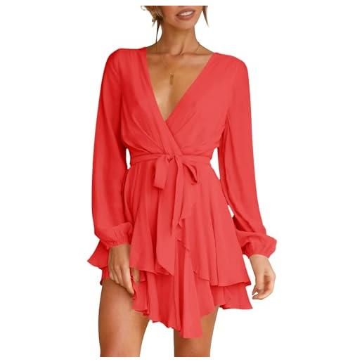 Wenrine abito da donna sexy profondo scollo a v abito casual linea a volant mini abito manica lunga avvolgente con cintura, colore: arancione. , m