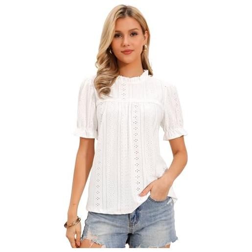 Allegra K donna blusa con maniche a palloncino ricamata a giorno casual | puff short sleeve bohemian style ruffled collar hollow out design eyelet embroidered buttons casual top