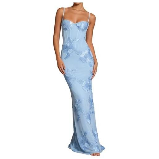Generisch abito da sera da donna, lungo, per ospite nuziale, abito da festa, abito avvolgente, con spalline sottili, elegante, per feste, balli, in pizzo floreale, jacquard, per damigella d'onore, o blu. , s