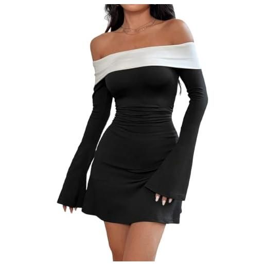 AOWVUTS vestito donna elegante maniche lunghe sexy mini abito con spalle scoperte vestito corto da sera bodycon a line vestiti aderente blocco colore autunno inverno per festa discoteca cocktail club