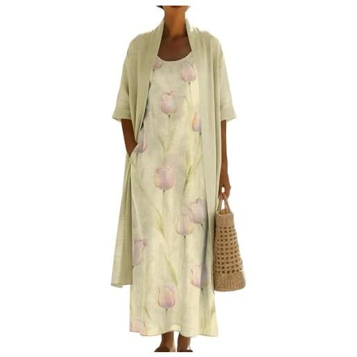 Generico completo donna elegante - taglie forti set vestito e cardigan coordinato abito estivo spolverino boho vintage cotone e lino leggero fresco cerimonia matrimonio vacanza abiti lunghi
