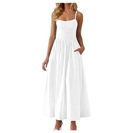 Generic abiti estivi da donna, girocollo, senza maniche, abito lungo svasato, spalline sottili, abito casual lungo, a linea, elegante per le vacanze, da spiaggia, con tasche, 01 bianco, xl