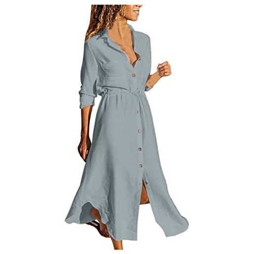HAOLEI vestiti lino donna lunghi maniche lunghe casual abito camicia lino maxi elegante vestiti estivi cotone spiaggia mare boho con tasche per la primavera e l'estate confortevole e traspirante