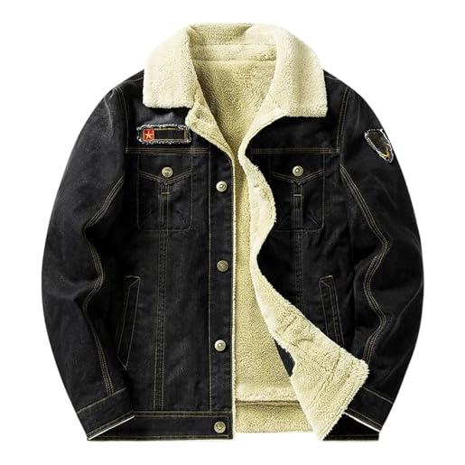 Juankrynord uomo inverno moda foderato in pile foderato giacca di denim retro design caldo pile abbigliamento da lavoro giacca bottone colletto anteriore transizione cappotto di denim (nero, xl)