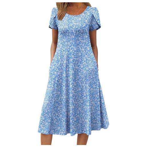 Zeagoo abito donna a‑line casual estivo con tasche manica corta vestito midi elegante e leggero per primavera fantasia azzurra s