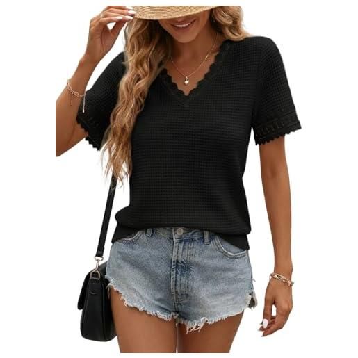 Chicrise camicetta estiva da donna in pizzo a nido d'ape, scollo a v, maniche corte, elegante e casual