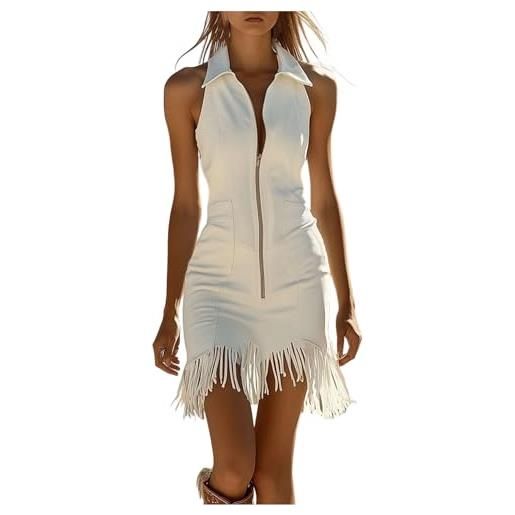 VPQILH vestito donna estivo, abiti in scamosciato, risvolto vestiti con cerniera, senza maniche boemia allentato abito con nappine, alla moda, slim fit, vintage, western country