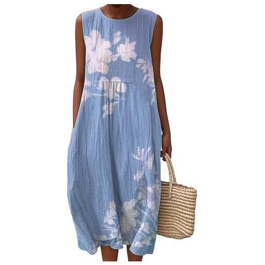 Udbeksid abito estivo lungo da donna con scollo floreale vestito in lino boho casual vestiti estivi senza maniche girocollo tasca abiti larghi ginocchio spiaggia manica camicia notte premaman autunnale 2025