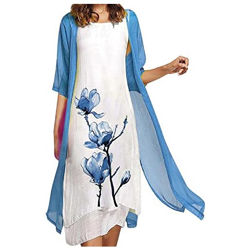 EGSDMNVSQ vestito estivo donna abito sciolto senza maniche retro abiti lunghi camicetta estivi vestiti stampato 2 pezzi tulle cardigan+midi vestito