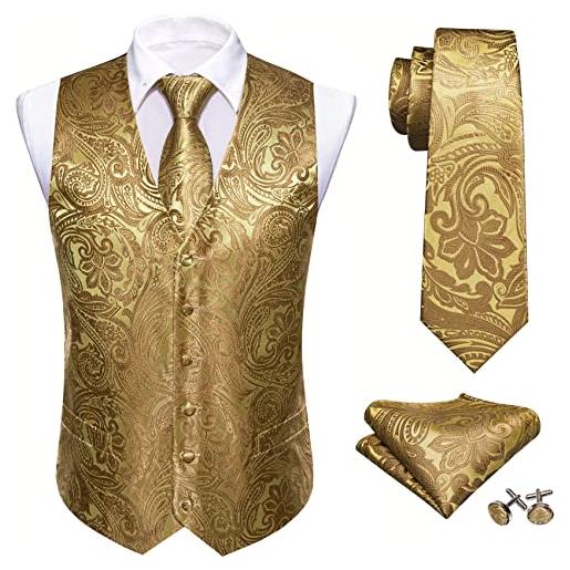 Barry.Wang - gilet da uomo in jacquard con motivo paisley, in seta, con collo a v, per smoking e abito da sposo, completo di cravatta, fazzoletto da taschino e gemelli per polsini, ideale per