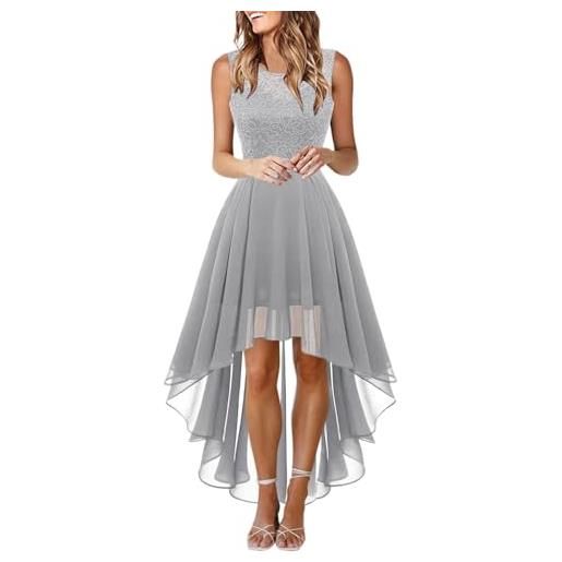 Duohropke abito da cocktail da donna, elegante, lungo, senza maniche, in pizzo, a vita alta, slim fit, in chiffon, curvy swing, per feste, maxi abito da damigella d'onore, grigio. , l