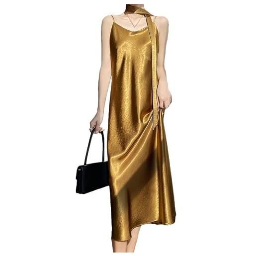 Generico abito da donna in raso midi con spalline sottili per feste cocktail serate elegante abito sottoveste con sciarpa abito da invitata a nozze con scollo a v sexy per l'estate giallo l