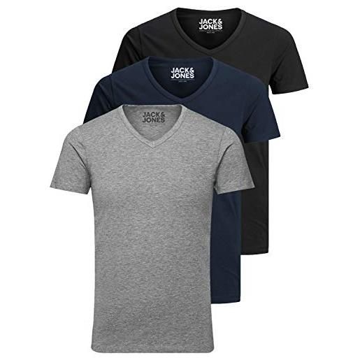 JACK & JONES jack and jones - maglietta da uomo basic con scollo a v, confezione da 3, tinta unita, slim fit, in bianco, nero, blu, grigio, xxl