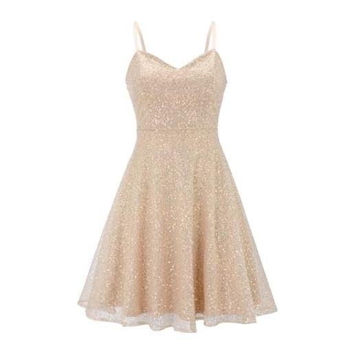 Generic abito midi da donna con paillettes, abito senza maniche con paillettes e scollo a v, con paillettes ricamate, gonna longuette svasata per matrimoni, ospiti e balli