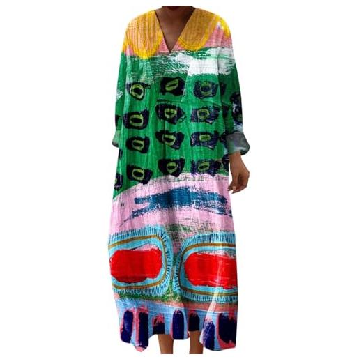 Gienslru abito estivo lungo donna boho chic floreale vintage, scollo a v maniche lunghe in lino leggero con tasche, vestito elegante casual per vacanze primavera estate taglie forti curvy 2026 moda cerimonia