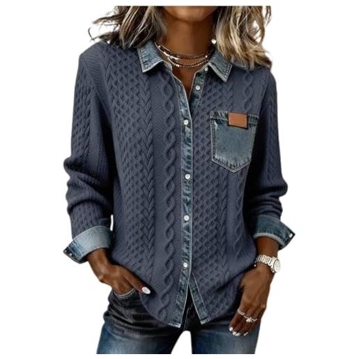 Generic maglione da donna in denim colletto abbottonato patchwork denim camicia vintage waffle maglia jeans maglione abbigliamento casual camicette top