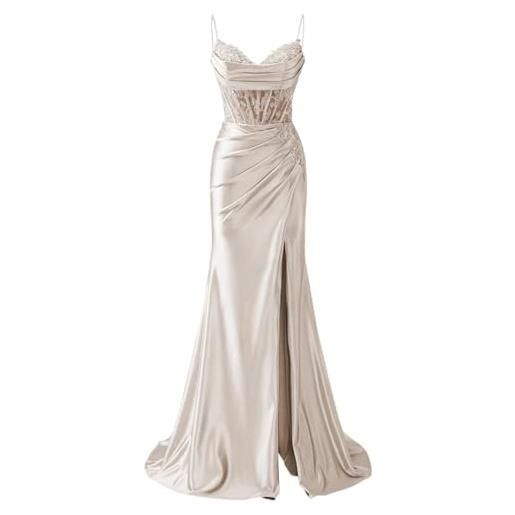 AHERKLL abiti da damigella d'onore con spalline sottili appliques in pizzo abiti da ballo con fessura formale da sera party maxi abito ah171, avorio, 60 più