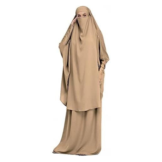 DOTBUY-SHOP musulmano abito lunghi woman con hijab, in due pezzi, tinta unita, a maniche lunghe, islamic abaya, abito arabo turco abbigliamento da preghiera, taglia unica