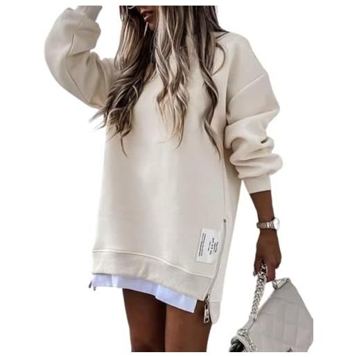 ThiCc abito da donna oversize in felpa - casual girocollo a maniche lunghe pullover con cerniera spacchi laterali comodo vestibilità ampia mini abito alla moda lounge wear outfit quotidiani, albicocca, s