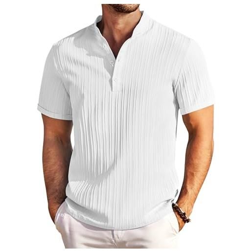 COOFANDY camicia henley uomo estiva camicia casual maniche corte con collo alto tessuto strutturato per spiaggia e tempo libero bianco m
