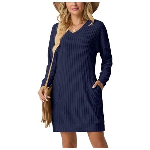PrinStory abito maglione da donna con scollo a v, a maniche lunghe, per il tempo libero, con tasche, autunno e inverno