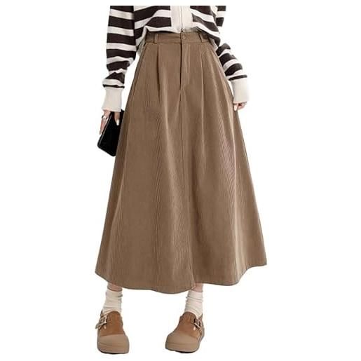 Lazutom gonna lunga da donna in velluto a coste a vita alta elasticizzata a trapezio, cachi, s
