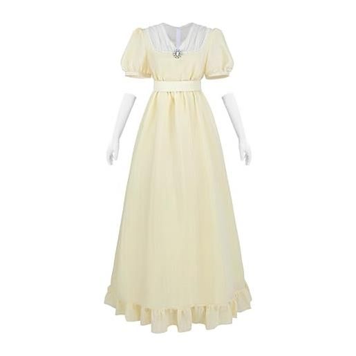 FCCAM regency, abito da donna vittoriano, vintage, stile impero, abito da sera con guanti, giallo chiaro, l