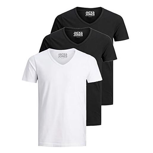 JACK & JONES jack and jones - maglietta da uomo basic con scollo a v, confezione da 3, tinta unita, slim fit, in bianco, nero, blu, grigio, xxl