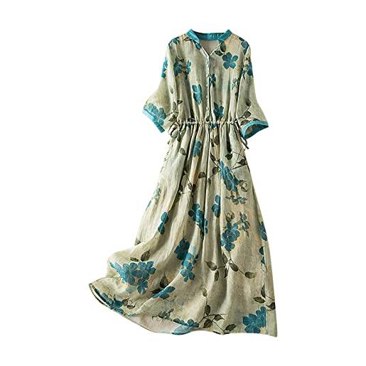 KHIRVWL abito estivi lino donna vintage scollo a v manica corta abito lungo donna vestito estivo da canotta abiti larghi solidi con tasca alla moda boho maxi vestiti da spiaggia allentato