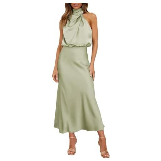 Generisch abito da sera da donna in raso, senza maniche, allacciatura al collo, abito da cocktail, abito elegante in raso a vita alta, verde chiaro, m