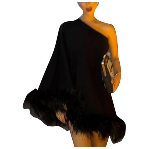Generic one shoulder fur trim mini dress donna slan one sleeve feather hem mini dress