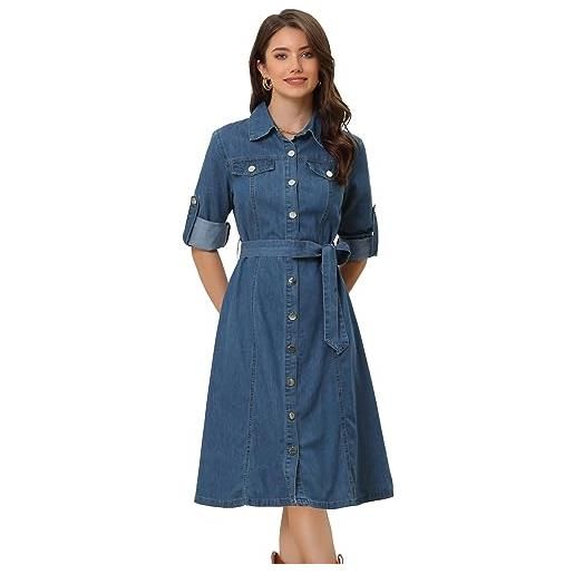 Allegra K abito camicia in denim da donna abbottonato manica lunga con cintura classico abito in jeans