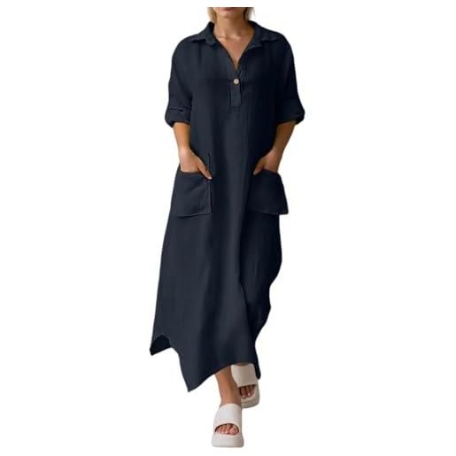 Generico vestito lungo donna elegante in lino tinta unita scollo a camicia con tasche vestibilità morbida e comoda abito elegante donna curvy